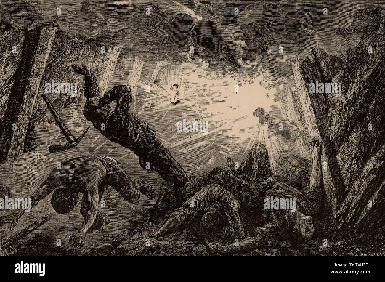 Explosion of Fire-damp (methane) in a mine.   From  'Underground Life; or, Mines and Miners' by Louis Simonin (London, 1869). Wood engraving.  Mining. Coal. Stock Photo