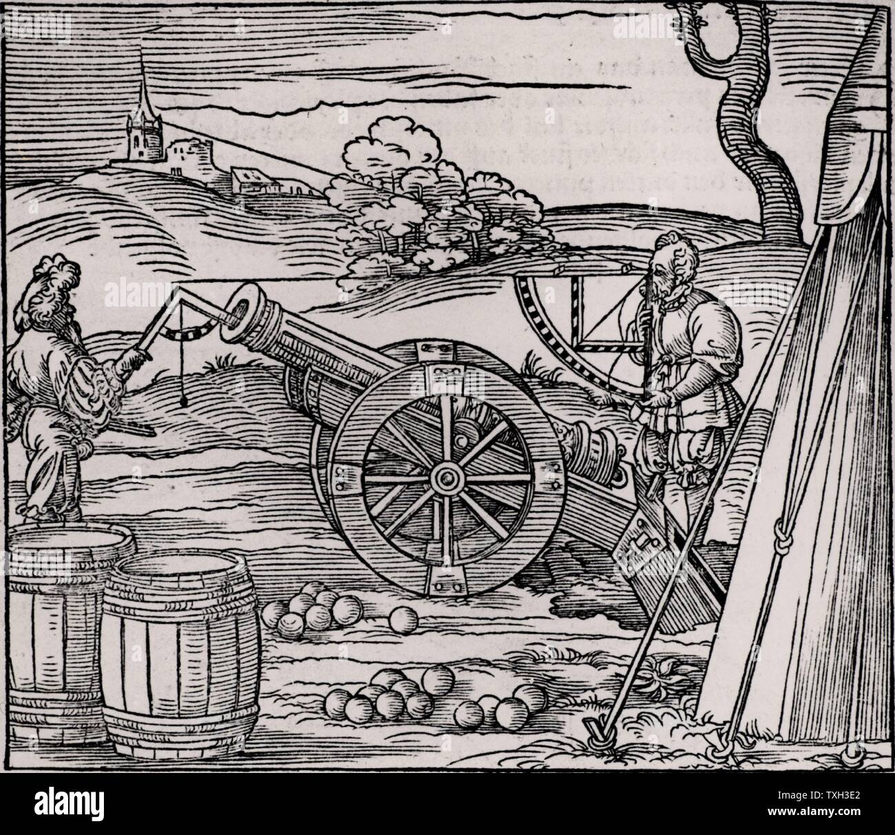 Ballistics.  Gunners calculating the elevation of a piece of artillery using a clinometer and a quadrant marked with shadow scales.  From 'Architechtur .. Mathematischen .. Kunst'  by Gaultherius Rivius (Nuremberg, 1547).  Woodcut. Stock Photo