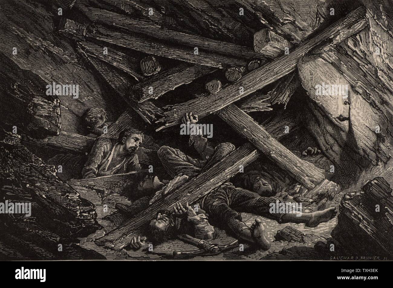 Coal miners killed and entombed by a roof fall. From 'Le Journal de la Jeunesse' (Paris, 1885). Engraving. Stock Photo