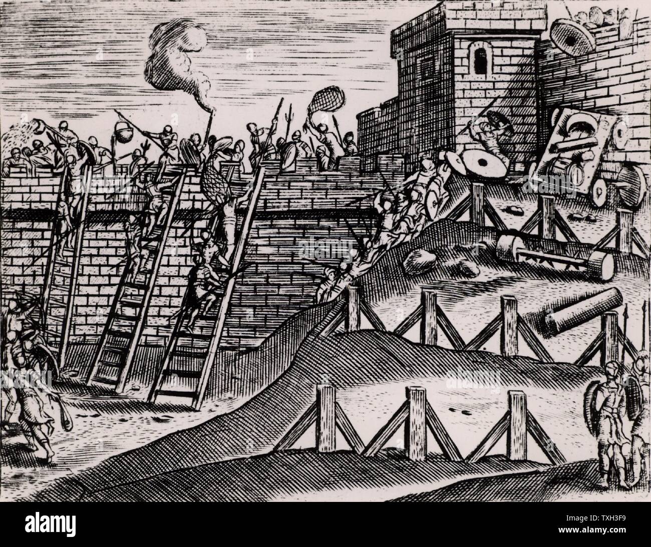 Roman soldiers attacking the walls of a fortress with scaling ladders, slings and spears, while the defenders are holding them off with nets, hot liquid, spears and various missiles.  From "Poliorceticon sive de machinis tormentis telis" by Justus Lipsius (Joost Lips) (Antwerp, 1605). Engraving. Stock Photo