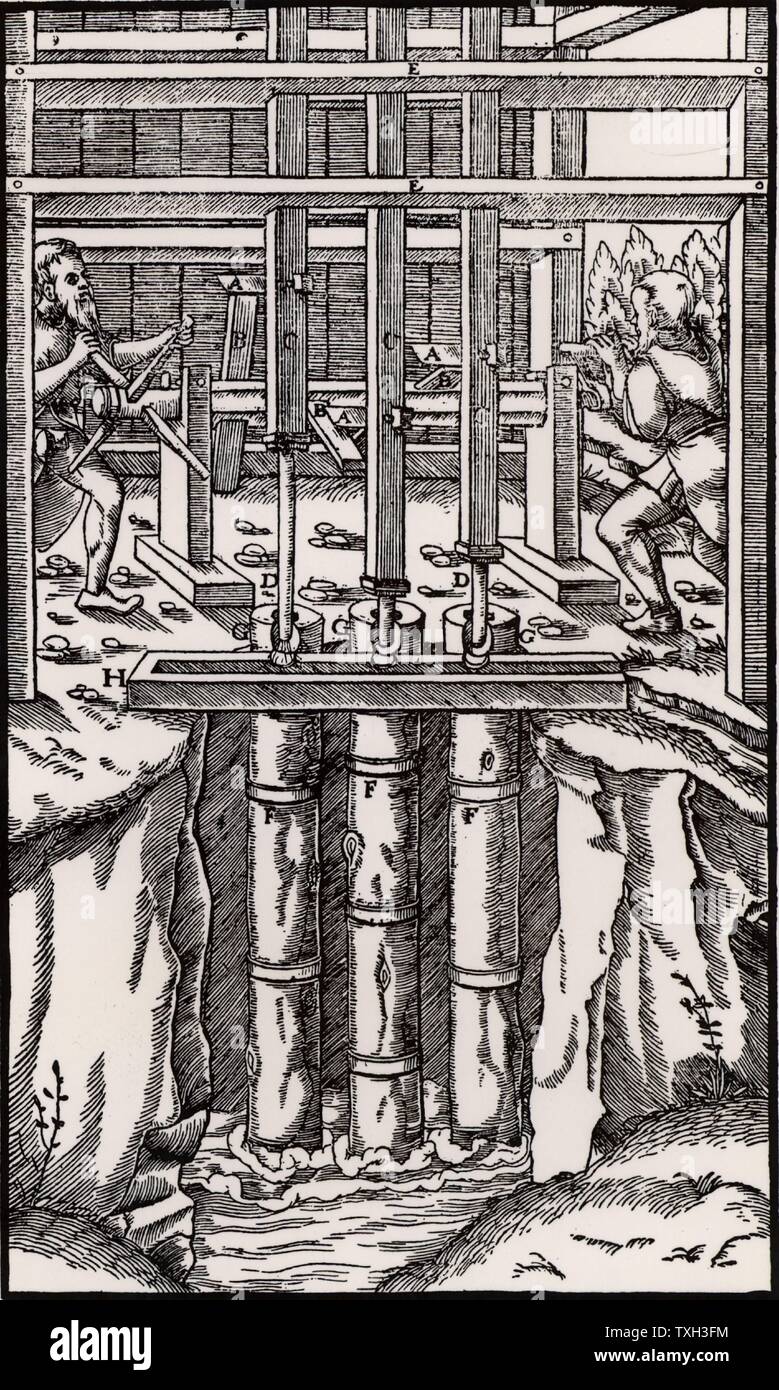 Draining mine workings with a bank of three suction pumps.  As the men turn the shaft the cams, B, connect with tappets. A, on the piston rods, C. From 'De re metallica', by Agricola, pseudonym of Georg Bauer (Basle, 1556).   Woodcut. Stock Photo