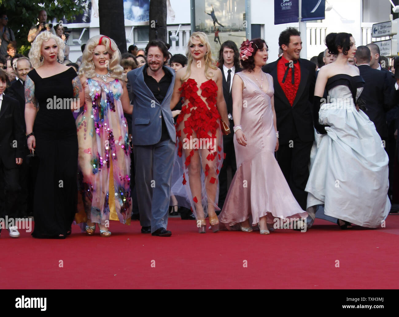 The cast of the film 'Tournee', including (from L to R) Mimi Le Meaux, Dirty Martini, Mathieu Amalric, Julie Atlas Muz, Kitten on the Keys, Roky Roulette and Evie Lovelle, arrives on the red carpet before the screening of their film during the 63rd annual Cannes International Film Festival in Cannes, France on May 13, 2010.  UPI/David Silpa Stock Photo