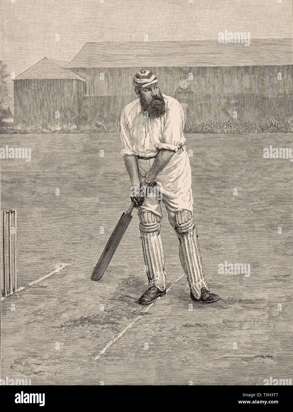 William Gilbert ('W G') Grace English first-class cricketer and physician, born at Downend near Bristol.  Grace at the crease ready to receive a ball from the bowler.  His career lasted from 1864-1908.  Engraving from 'The English Illustrated Magazine' (London, 1890). British Sport Cricket Stock Photo