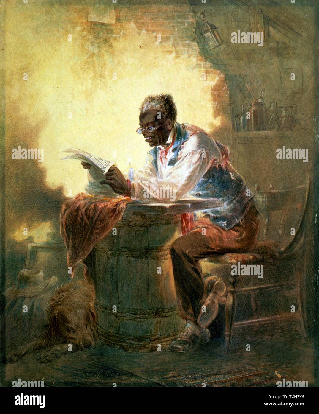 Henry Louis Stephens Amercian school African American man reading a newpaper with the headline 'Presidential Proclamation, Slavery' which refers to President Lincoln's Emancipation Proclamation of January 1863 Watercolour Stock Photo