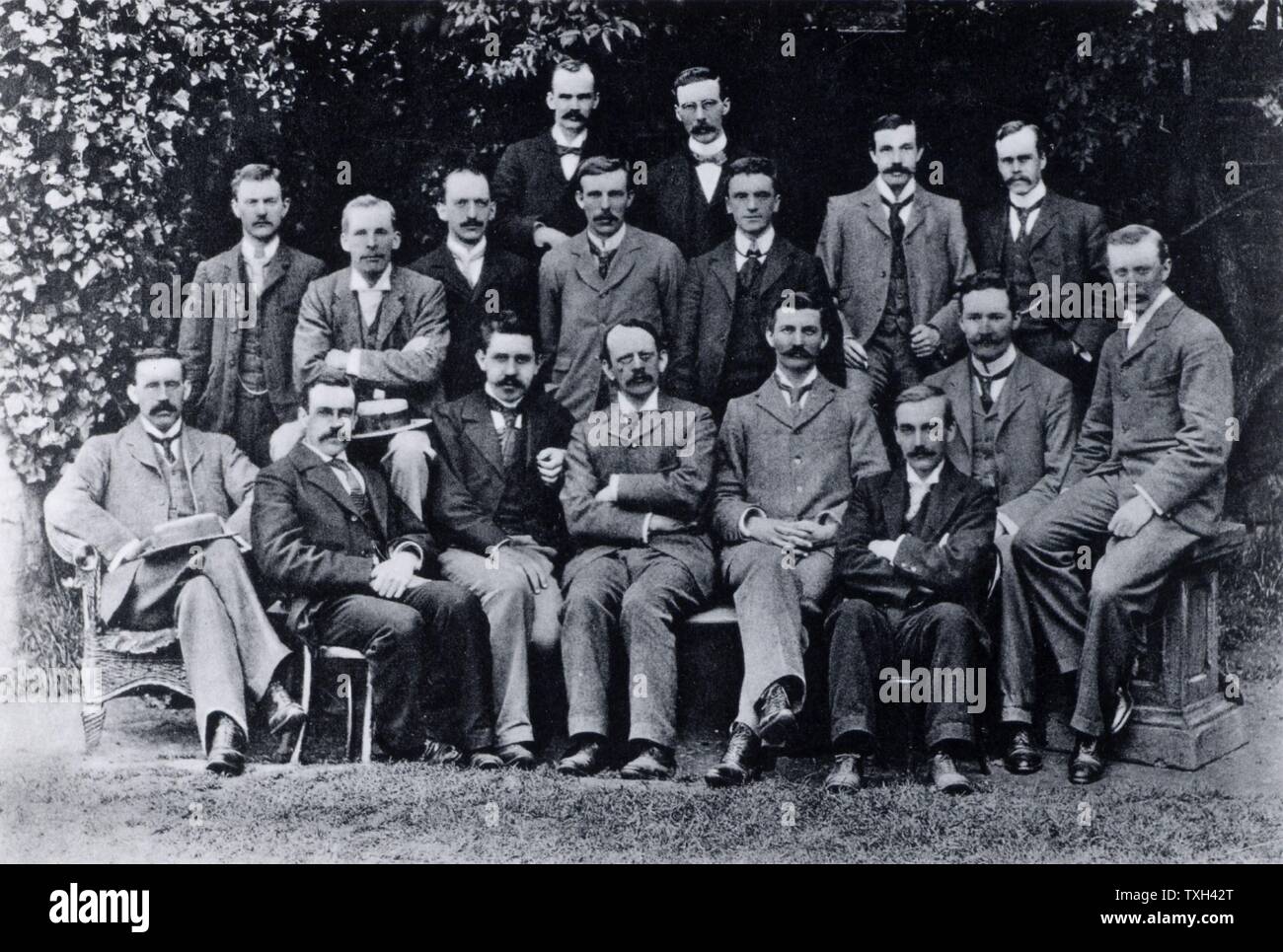 Cambridge - Cavendish Laboratory, England:  Research students in 1898 : Joseph John Thomson is in the centre of the front row with his arms crossed. In the middle row are Charles Thomson Rees Wilson and Ernest Rutherford , 3rd and 4th from left respectively.  From 'Recollections and Reflections' by JJ Thomson. Stock Photo