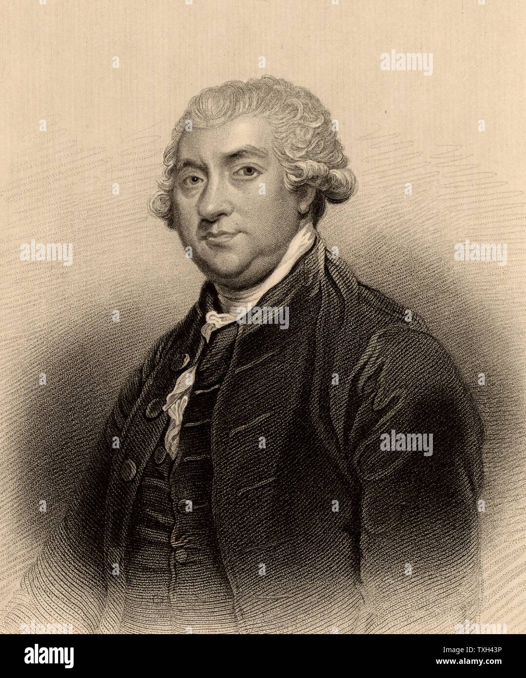 James Boswell (1740-1795) Scottish diarist, man-of-letters and biographer of Dr Samuel Johnson (1709-1784). Engraving after the portrait by Joshua Reynolds from  'A Biographical Dictionary of Eminent Scotsmen' by Thomas Thomson (1870). Stock Photo