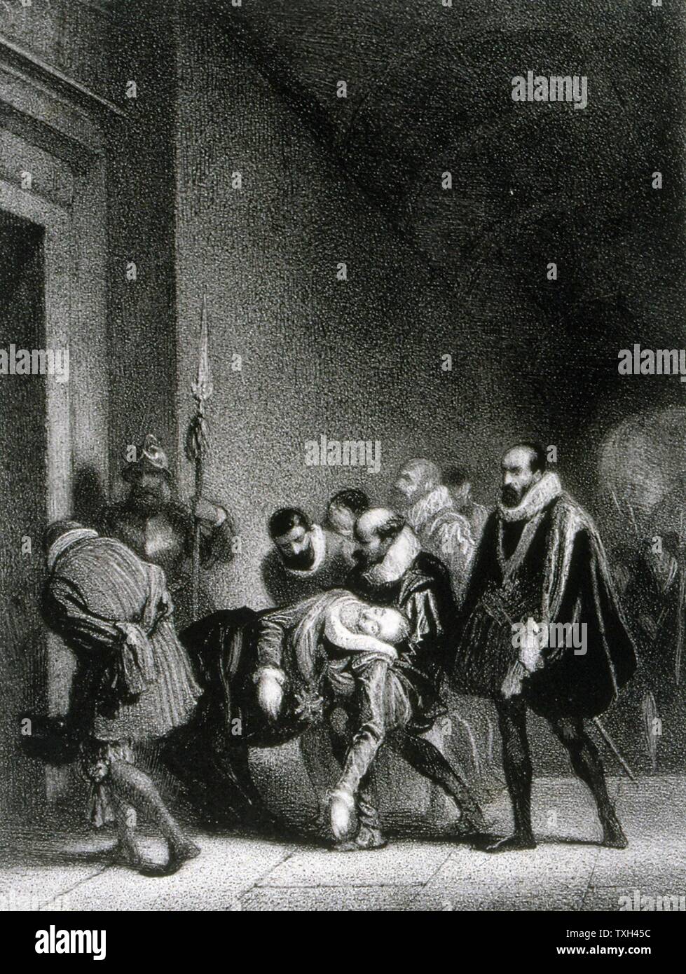 Henry IV, King of France and Navarre (1553-1610) First Bourbon monarch; son of Jeanne d'Albret and husband of Marie de Medici. Assassinated by Roman Catholic fanatic Ravaillac. Henry's body being carried into the Louvre. 19th century lithograph. Stock Photo