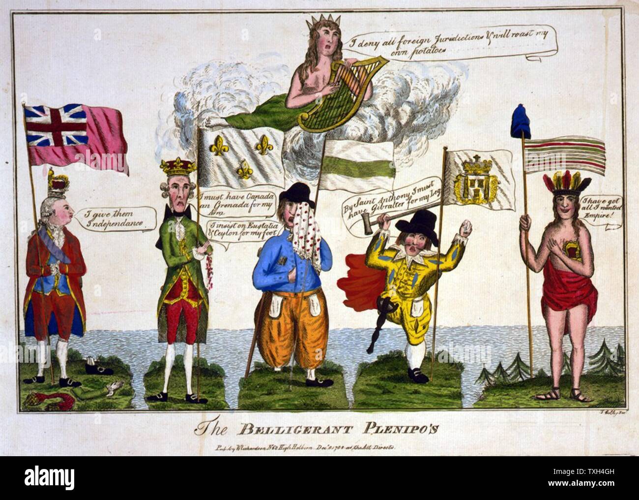 The Belligerent Plenipo's Cartoon by Thomas Colley Left George III with half crown, right America, with other half of crown and 'I have got all I wanted'. In middle, France, Holland and Spain who lost by helping America to Independence Stock Photo