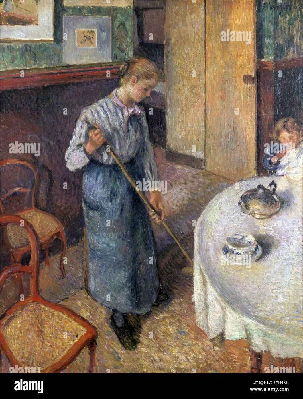 Camille Pissaro French school The Little Country Maid - Domestic interior with young girl sweeping the floor beneath a dining table with a broom. Stock Photo