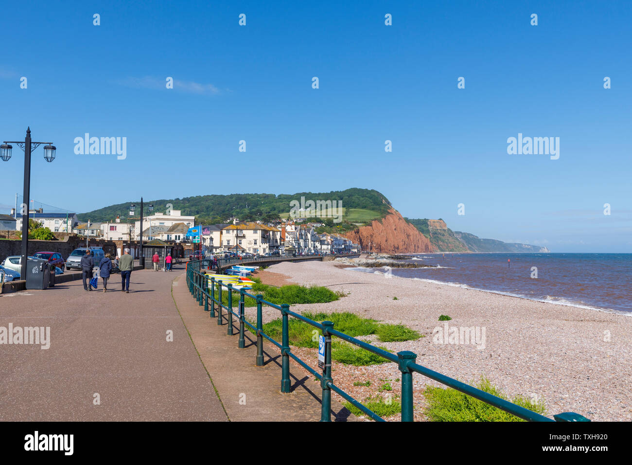 Seafront promenade and shingle beach looking east at Sidmouth, a small popular south coast seaside town in Devon, south-west England Stock Photo