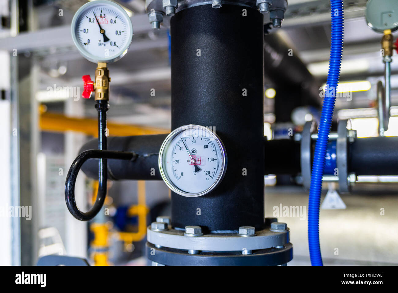 The equipment of the boilerhouse, valves, tubes, pressure gauges