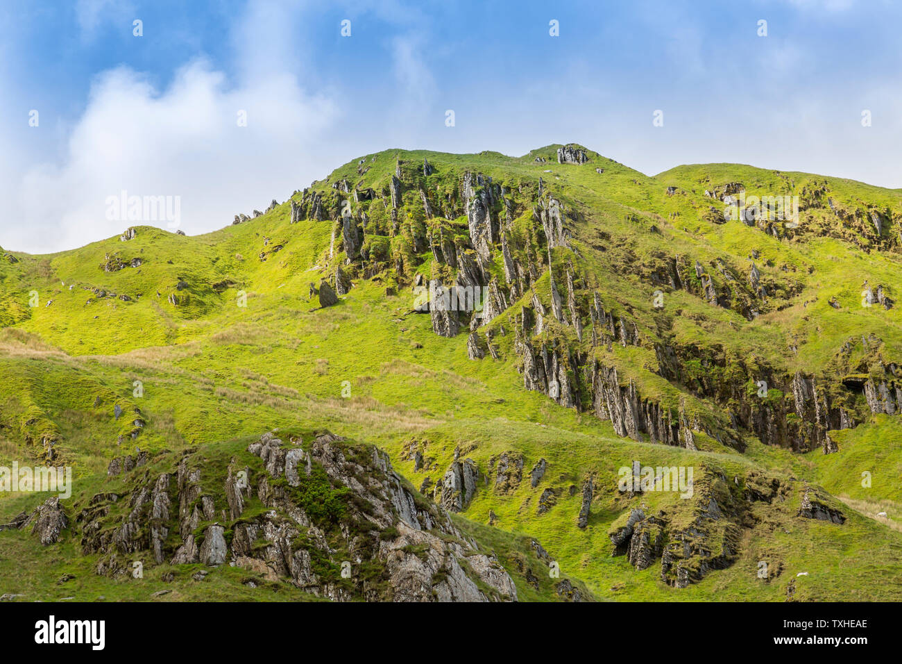 On the skyline are the 'Horns of Snowdon' as seen from the Pyg Track above Pen Y Pass Snowdonia National Park, Gwynedd, Wales, UK Stock Photo