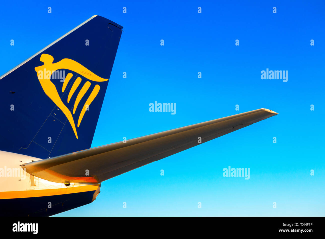 Alicante, Spain - June 18, 2019: Ryanair logo on the tail of aircraft plane Stock Photo