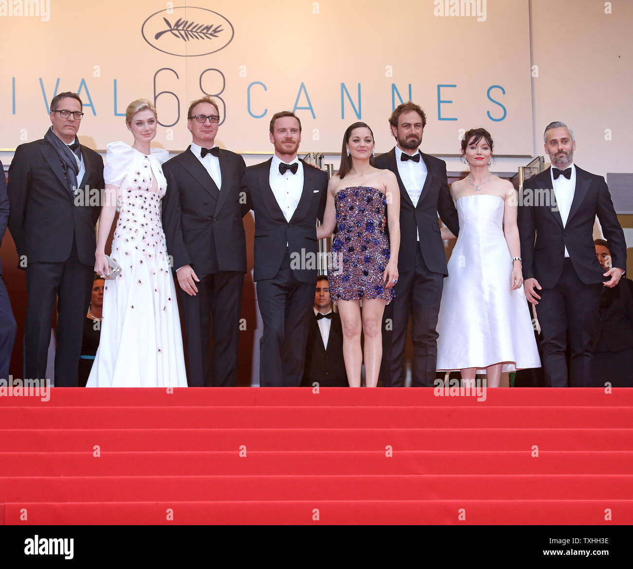 Elizabeth Debicki, David Thewlis,Michael Fassbender,Marion Cotillard, Director Justin Kurzel, Actress Essie Davis and Producer Iain Canning  arrives on the steps of the Palais des Festivals before the screening of the film 'Macbeth' during the 68th annual Cannes International Film Festival in Cannes, France on May 23, 2015.  Photo by David Silpa/UPI.. Stock Photo