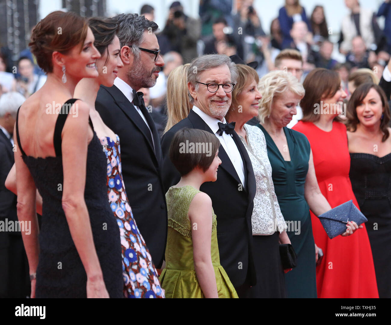 The team from The BFG, including Kristie Macosko, Frank Marshall, Kathleen Kennedy, Kate Capshaw, Steven Spielberg, Ruby Barnhill, Mark Rylance, Claire van Kampen, Lucy Dahl, Penelope Wilton and Rebecca Hall, arrives on the red carpet before the screening of the film 'The BFG' at the 69th annual Cannes International Film Festival in Cannes, France on May 14, 2016.  Photo by David Silpa/UPI Stock Photo