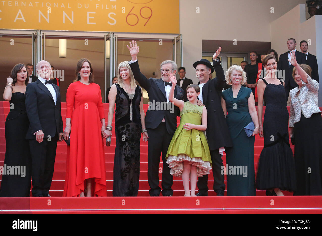 The team from The BFG, including Kathleen Kennedy, Kate Capshaw, Steven Spielberg, Ruby Barnhill, Mark Rylance, Claire van Kampen, Lucy Dahl and Penelope Wilton, arrive on the steps of the Palais des Festivals before the screening of the film 'The BFG' at the 69th annual Cannes International Film Festival in Cannes, France on May 14, 2016.  Photo by David Silpa/UPI Stock Photo