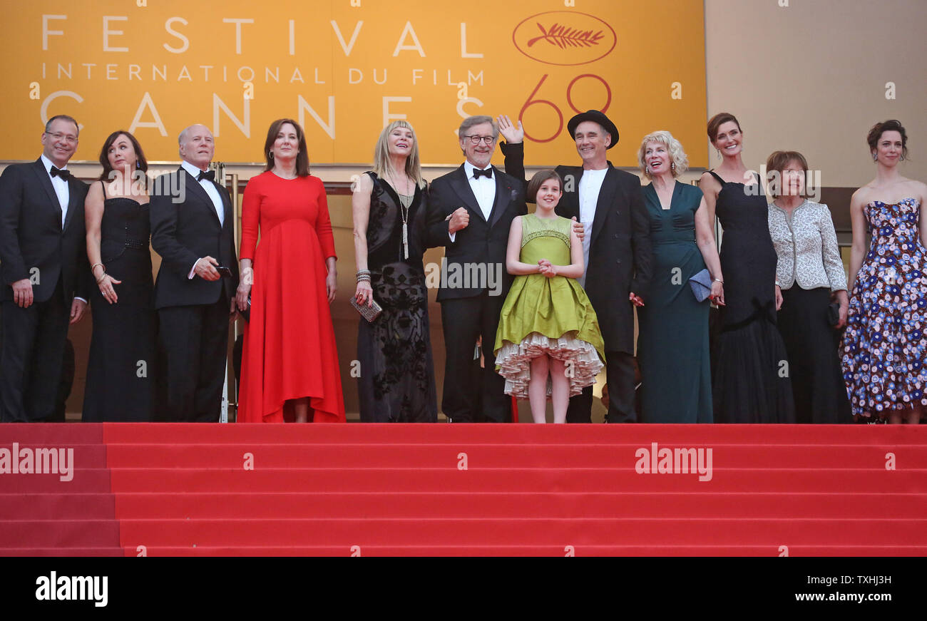 The team from The BFG, including Kristie Macosko, Frank Marshall, Kathleen Kennedy, Kate Capshaw, Steven Spielberg, Ruby Barnhill, Mark Rylance, Claire van Kampen, Lucy Dahl, Penelope Wilton and Rebecca Hall, arrives on the steps of the Palais des Festivals before the screening of the film 'The BFG' at the 69th annual Cannes International Film Festival in Cannes, France on May 14, 2016.  Photo by David Silpa/UPI Stock Photo