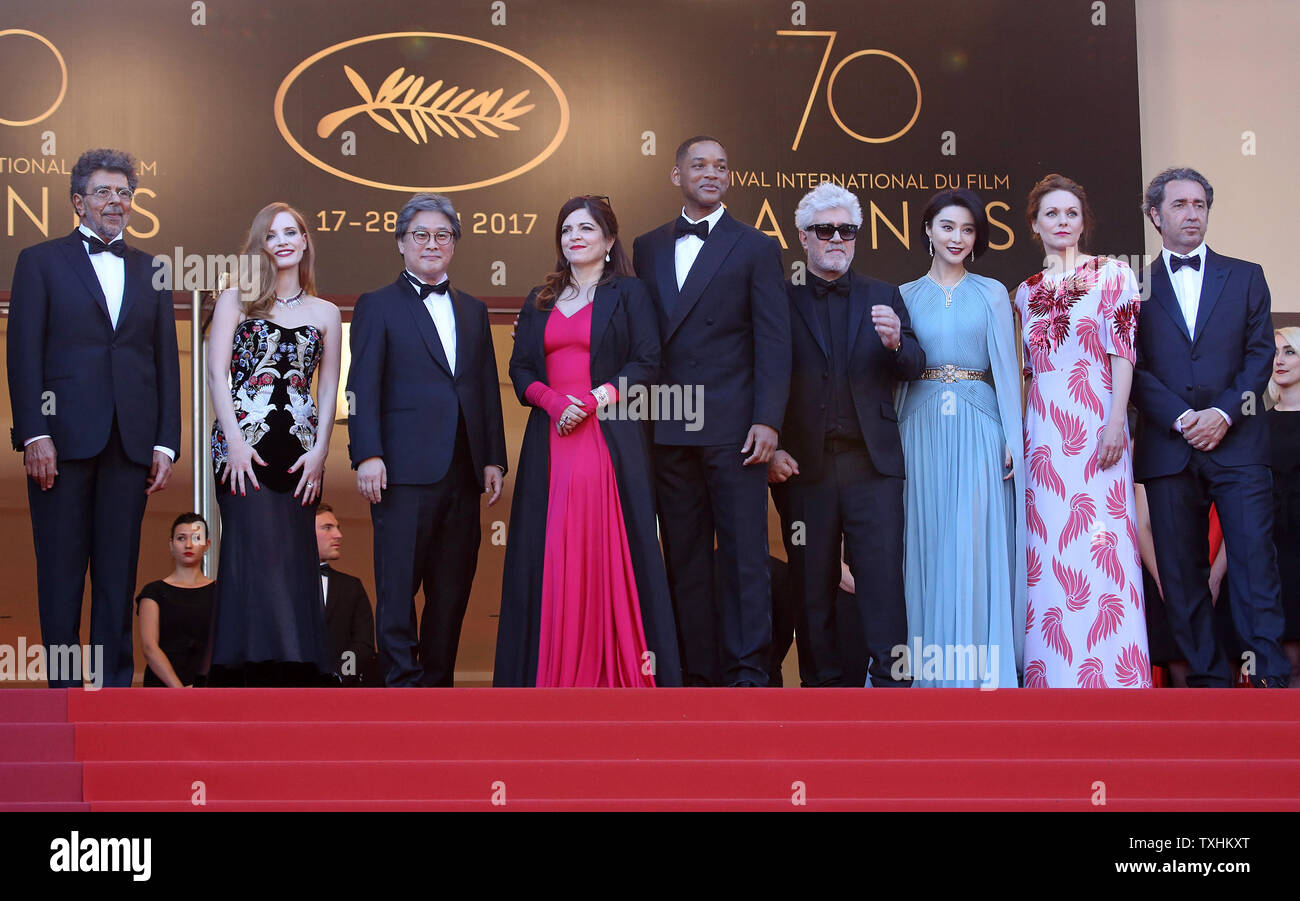 (From L to R) Jury members Gabriel Yared, Jessica Chastain, Park Chan-wook, Agnes Jaoui, Will Smith, Jury President Pedro Almodovar, Fan Bingbing, Maren Ade and Paolo Sorrentino arrive on the steps of the Palais des Festivals before the screening of the film 'Les Fantomes d'Ismael (Ismael's Ghosts)' during the 70th annual Cannes International Film Festival in Cannes, France on May 17, 2017.  Photo by David Silpa/UPI Stock Photo
