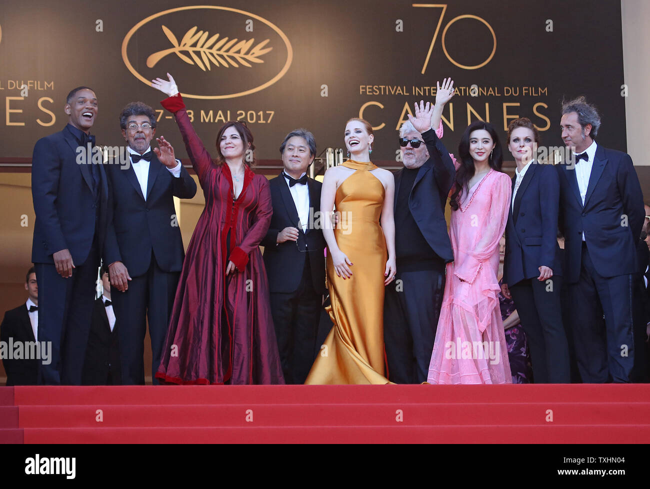 (From L to R) Jury members Will Smith, Gabriel Yared, Agnes Jaoui, SPark Chan-wook, Jessica Chastain, Pedro Almodovar, Fan Bingbing, Maren Ade and Paolo Sorrentino arrive on the red carpet celebrating the 70th anniversary of the Cannes International Film Festival in Cannes, France on May 23, 2017.  Photo by David Silpa/UPI Stock Photo