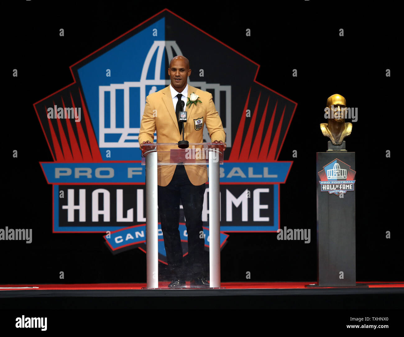 Jason Taylor speaks during his enshrinement into the Pro Football Hall of Fame at Tom Benson Hall of Fame Stadium in Canton, Ohio on August 5, 2017.       Photo by Aaron Josefczyk/UPI Stock Photo