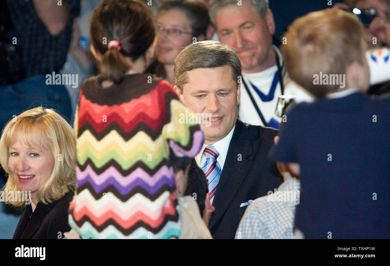 Federal Conservative leader Stephen Harper and his wife Laureen arrive to celebrate with supporters at their campaign headquarters after winning the Canada federal election with a minority, January 23, 2006. (UPI Photo/Heinz Ruckemann) Stock Photo