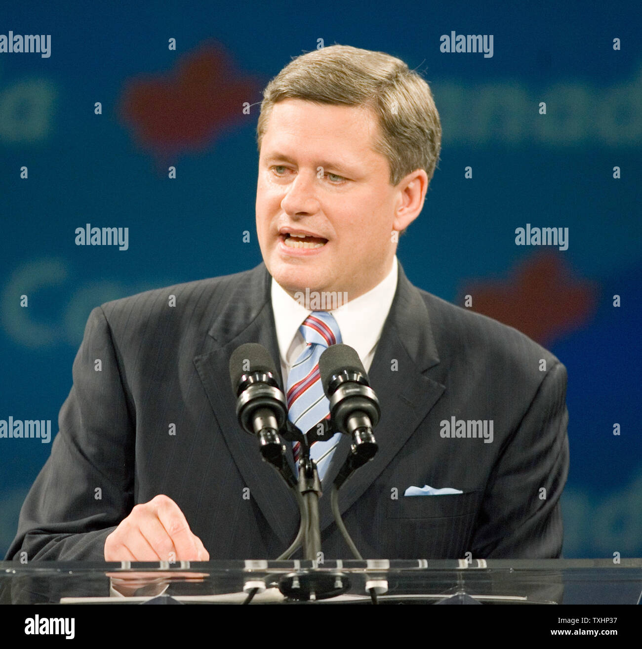 Federal Conservative leader Stephen Harper gives his victory speech to supporters at his campaign headquarters in the Telus Convention Center in Calgary, Alberta after winning the Canada federal election with a minority, January 23, 2006. (UPI Photo/Heinz Ruckemann) Stock Photo