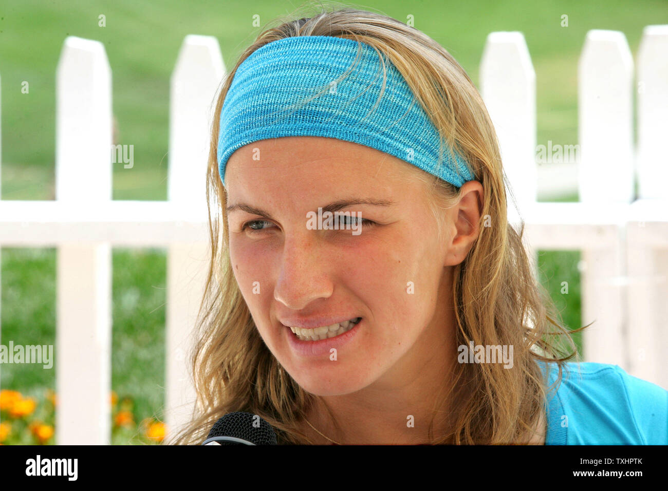 Svetlana Kuznetsova of Russia, 2004 US Open Singles Champion and 4th ranked on WTA Tour, smiles during interviews on media day at Acura Classic women's tennis tournament, Carlsbad, California, USA on August 01, 2005.  Major seeded players Maria Sharapova and Serena Williams have withdrawn due to injuries. While Kuznetsova, Lindsay Davenport and Kim Clijsters begin competing this week with finals on August 7, 2005. (UPI Photo/Tom Theobald) Stock Photo