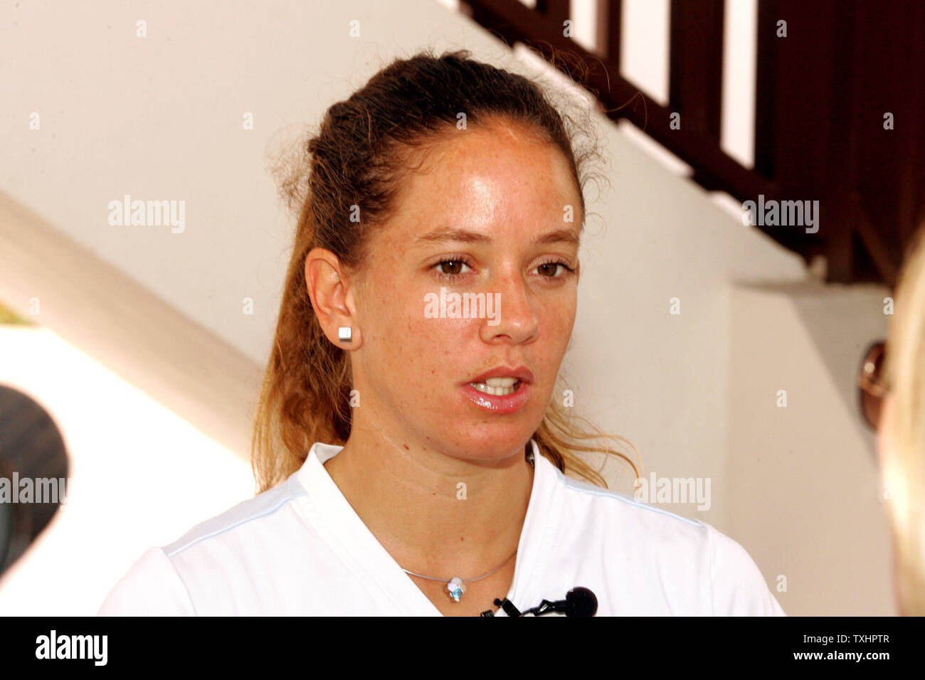 Patty Schnyder of Switzerland, currently 11th ranked on WTA Tour, answers questions during interviews on media day at Acura Classic women's tennis tournament, Carlsbad, California, USA on August 01, 2005.  Major seeded players Maria Sharapova and Serena Williams have withdrawn due to injuries. While Svetlana Kuznetsova, Lindsay Davenport and Kim Clijsters begin competing this week with finals on August 7, 2005. (UPI Photo/Tom Theobald) Stock Photo