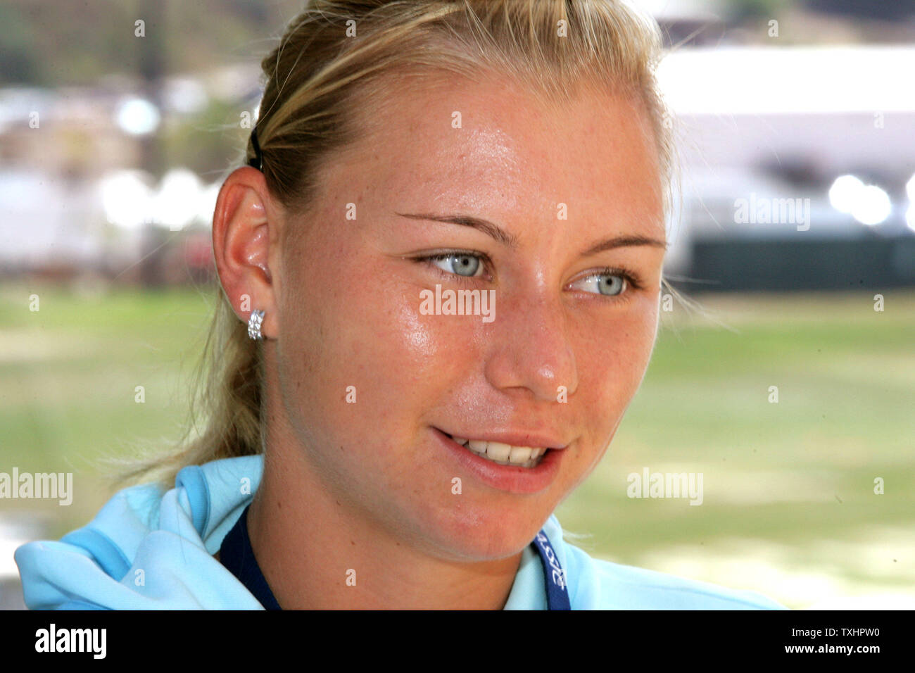 Vera Zvonareva of Russia, currently 16th ranked on WTA Tour, smiles during interviews on media day at Acura Classic women's tennis tournament, Carlsbad, California, USA on August 01, 2005.  Major seeded players Maria Sharapova and Serena Williams have withdrawn due to injuries. While Elena Dementieva, Lindsay Davenport and Kim Clijsters begin competing this week with finals on August 7, 2005. (UPI Photo/Tom Theobald) Stock Photo