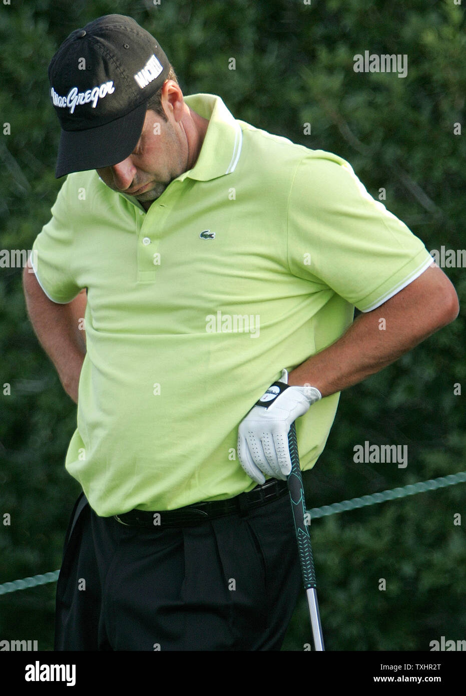 With only four points in The International Modified Stableford scoring system, Jose Maria Olazabal waits to hit his second tee shot at the first hole during the second round of The International at Castle Pines Golf Club in Castle Rock, Colorado August 11, 2006.   Olazabal is third on the Ryder Cup World Points list.   (UPI Photo/Gary C. Caskey) Stock Photo