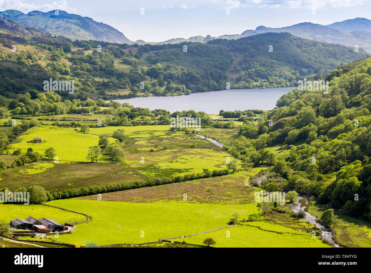 Looking south down the Nant Gwynant pass towards Llyn Gwynant, Snowdonia National Park, Gwynedd, Wales, UK Stock Photo