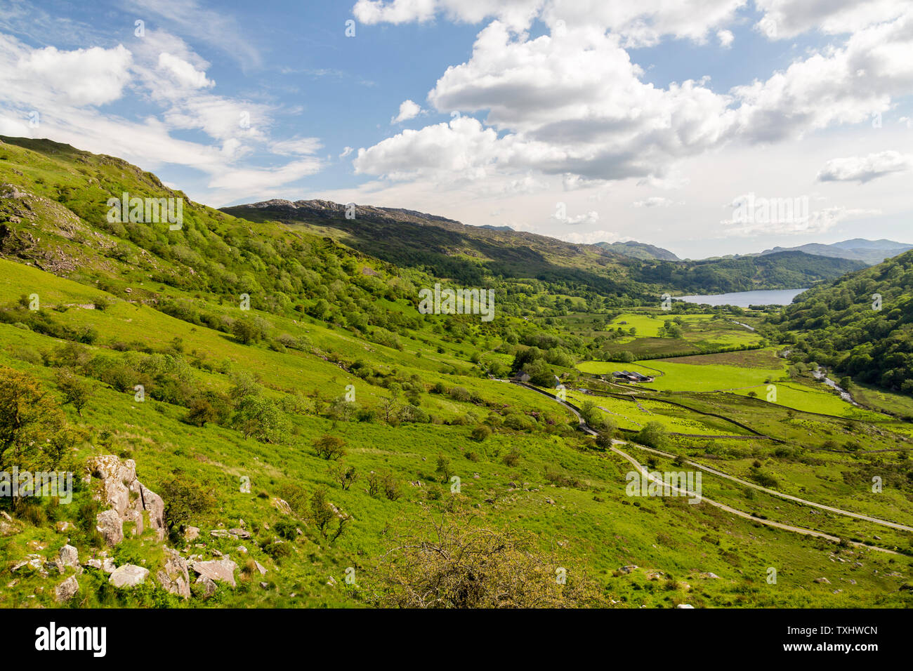 Looking south down the Nant Gwynant pass towards Llyn Gwynant, Snowdonia National Park, Gwynedd, Wales, UK Stock Photo