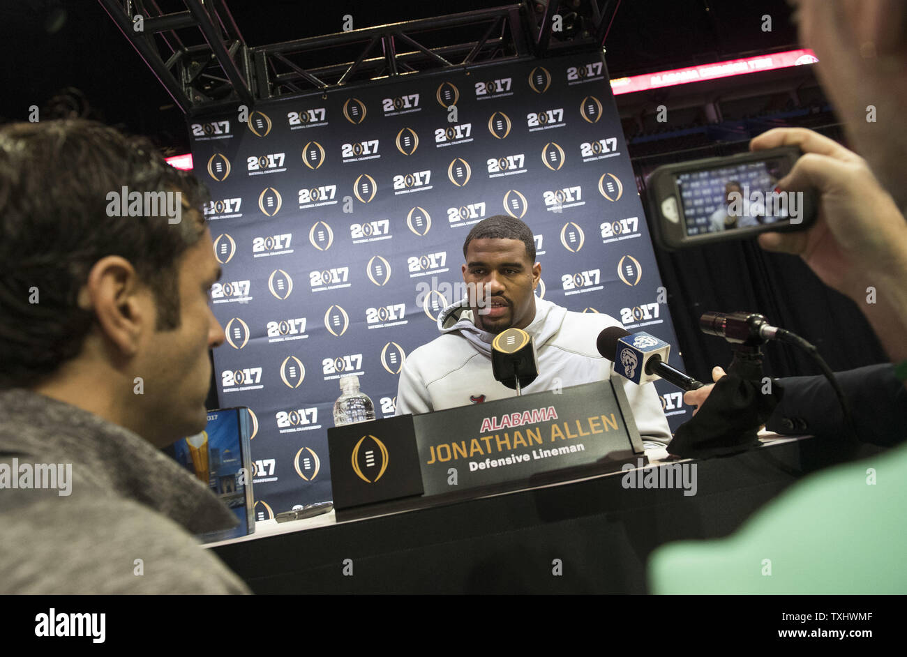 Alabama Crimson Tide Defensive Lineman Jonathan Allen talks to reporters on media day prior to the NCAA Football National Championship, in Tampa, Florida on January 7, 2017. Alabama will take on the Clemson Tigers in the College Football National Championship on Monday. Photo by Kevin Dietsch/UPI Stock Photo