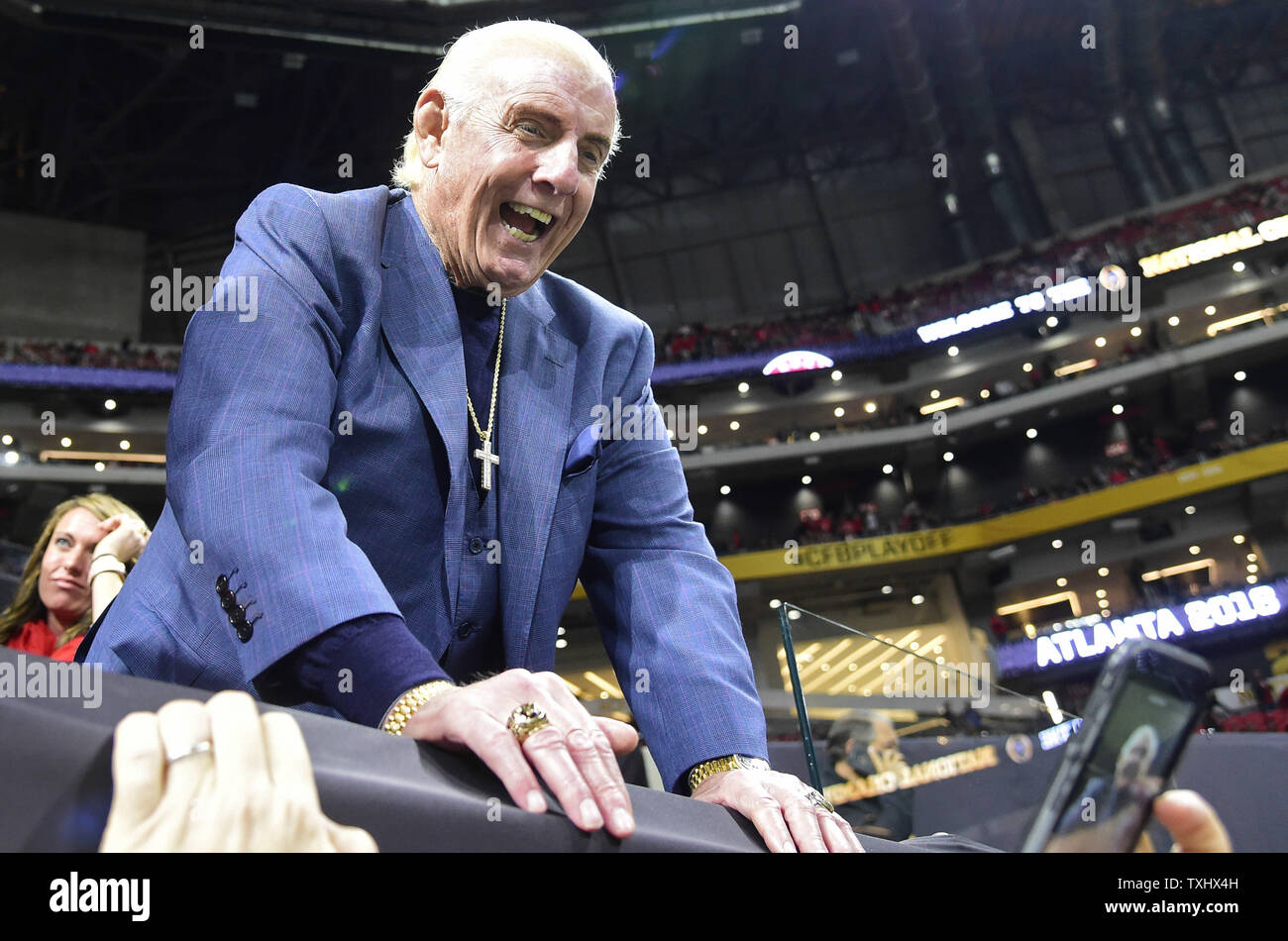 Former wrestler Ric Flair during warmups before the NCAA College Football Playoff National Championship at Mercedes-Benz Stadium on January 8, 2018 in Atlanta. Photo by David Tulis/UPI Stock Photo