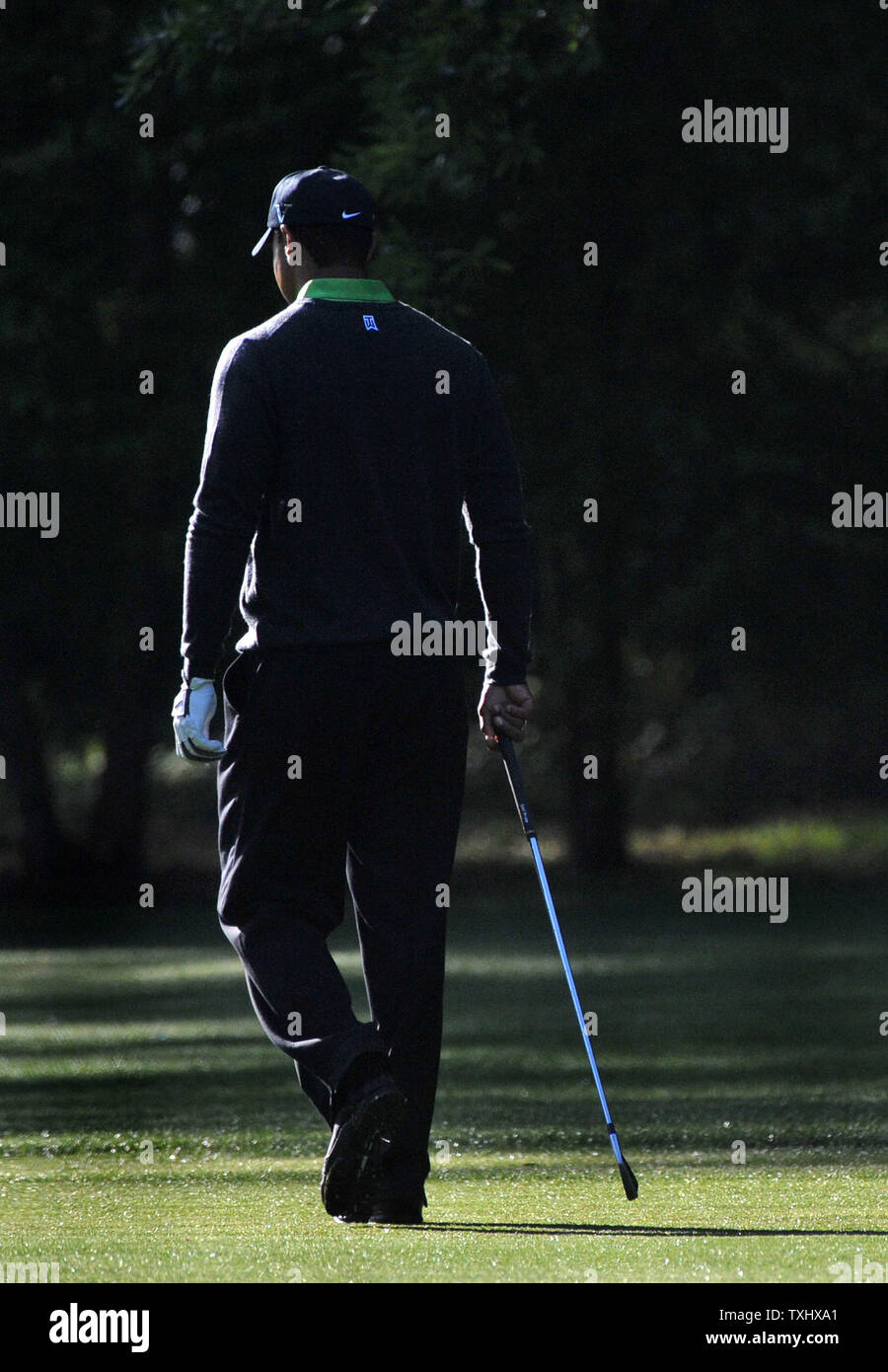 Tiger Woods walks to the 12th green during the first round of the Quail Hollow Tournament in Charlotte, North Carolina on April 29, 2010.   UPI/Kevin Dietsch Stock Photo