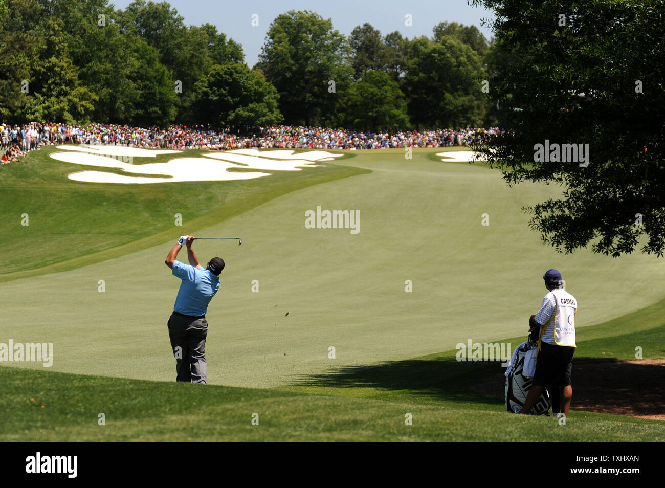 Angle Cabrera hits down the 7th fairway during the second round of the Quail Hollow Tournament in Charlotte, North Carolina on April 30, 2010.   UPI/Kevin Dietsch Stock Photo