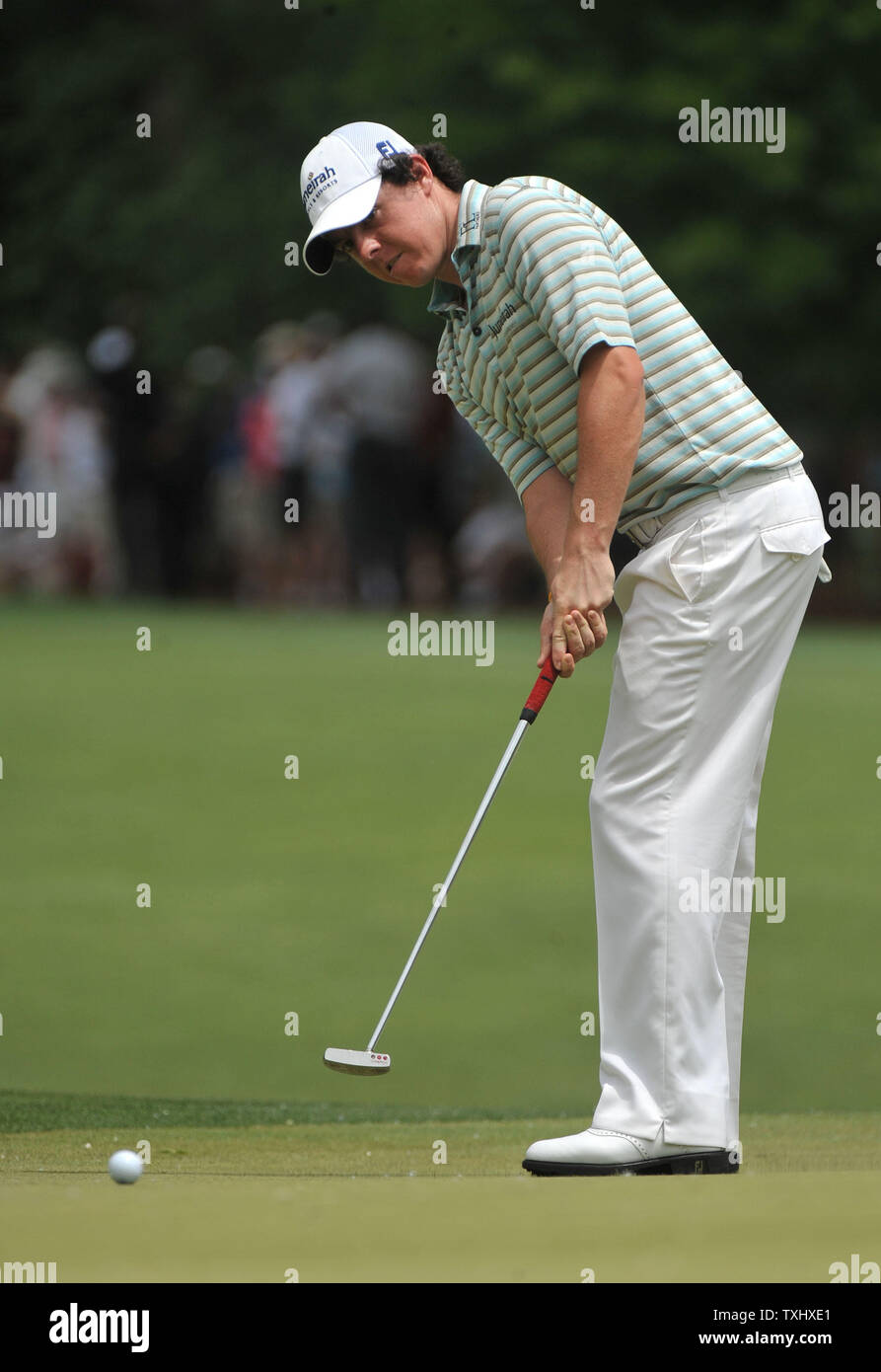 Rory McIlroy putts on the 1st green during the fourth round of the Quail Hollow Tournament in Charlotte, North Carolina on May 2, 2010.   UPI/Kevin Dietsch Stock Photo