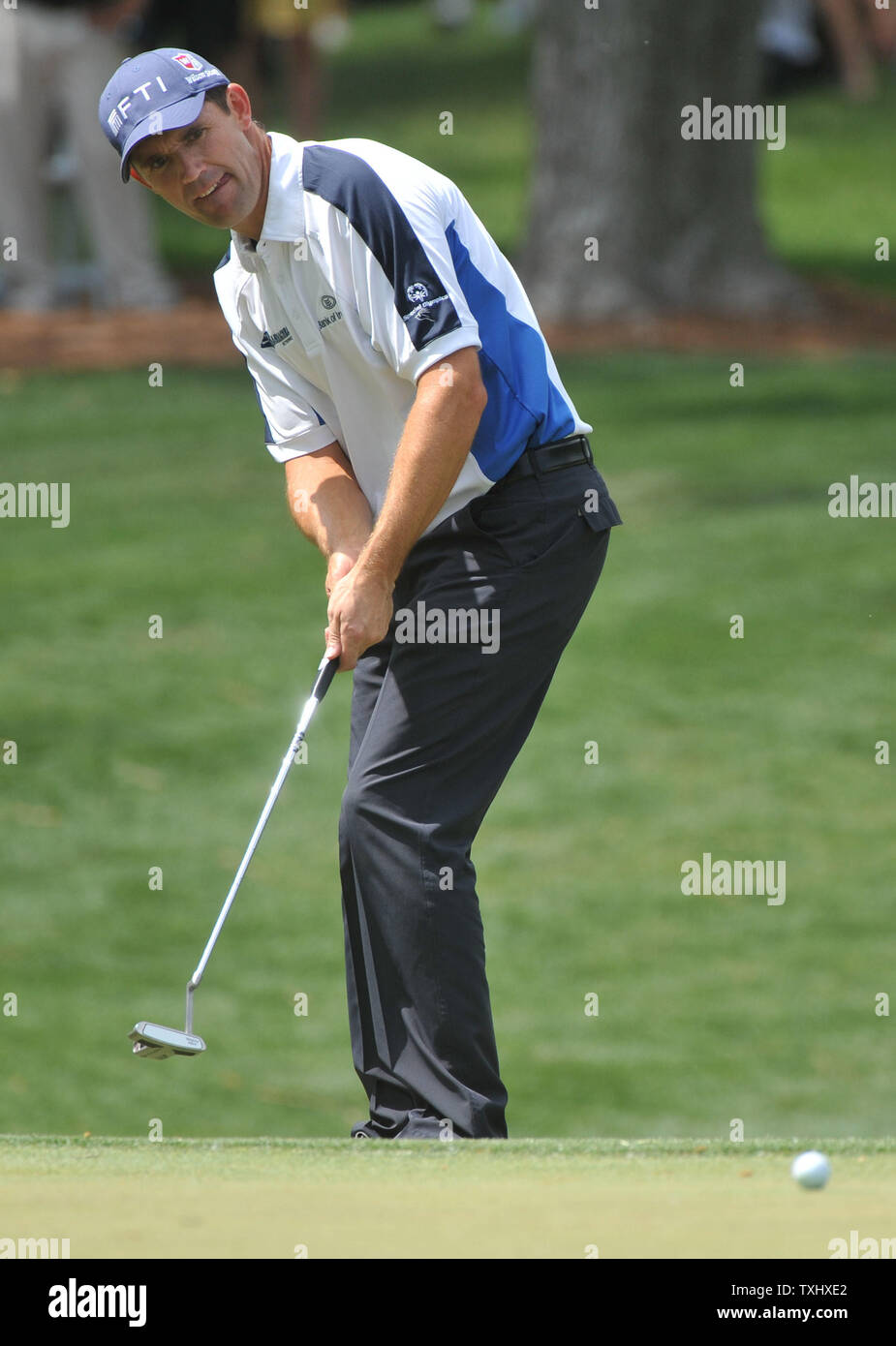 Padraig Harrington putts on the 16th green during the fourth round of the Quail Hollow Tournament in Charlotte, North Carolina on May 2, 2010.   UPI/Kevin Dietsch Stock Photo