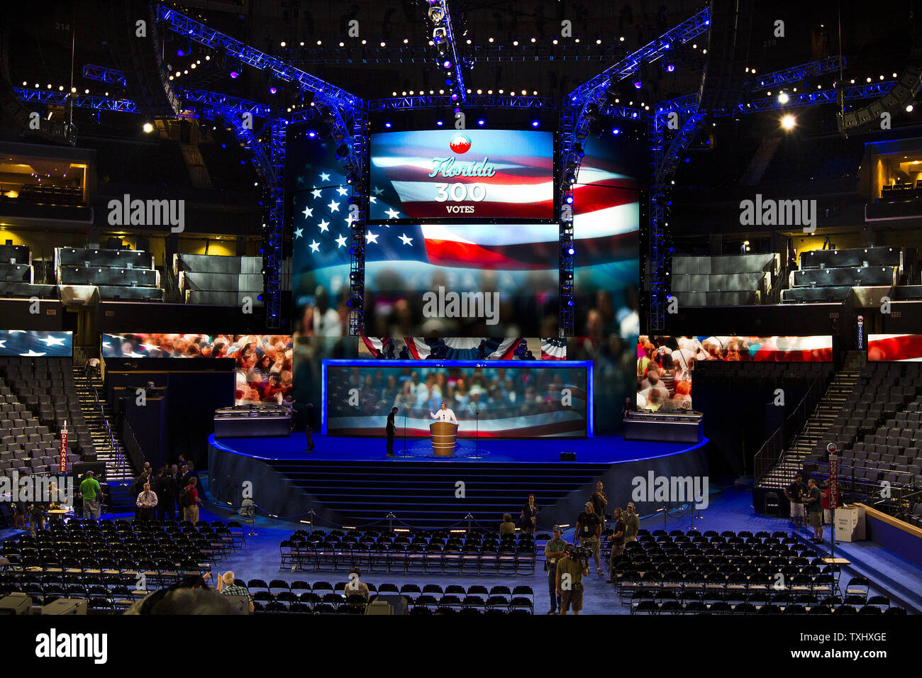 Final testing continues for the podium and teleprompters at the 2012 Democratic National Convention site inside the Time Warner Cable Arena in Charlotte, North Carolina on September 2, 2012.     UPI/Gary C. Caskey Stock Photo
