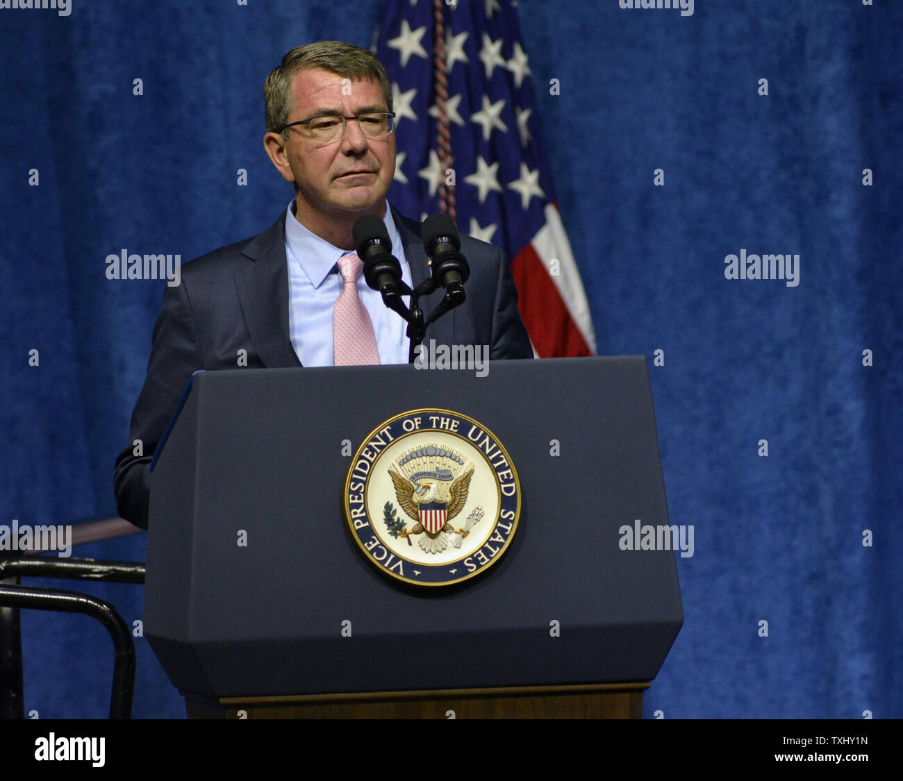 Secretary of Defense Ashton B. Carter speaks at a ceremony in remembrance of four Marines and a sailor who were killed in attacks at two military facilities in Chattanooga, Tennessee on August 15, 2015. Photo by Billy Weeks/UPI Stock Photo
