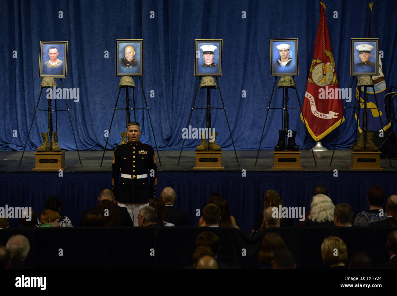 Roll call for Gunnery Sergeant Thomas J. Sullivan , Staff Sergeant David Wyatt, Sergeant Carson Holmquist, Logistics Specialist 2nd class Randall Smith and Lance Corporal Skip Wells at a ceremony in remembrance of four Marines and a sailor who were killed in attacks at two military facilities in Chattanooga, Tennessee on August 15, 2015. Photo by Billy Weeks/UPI Stock Photo