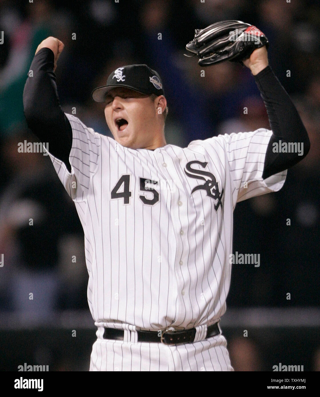 Chicago White Sox closer Bobby Jenks reacts after striking out Adam Everett  in the ninth inning getting the save in game 1 of the World Series at U. S.  Cellular Field, October