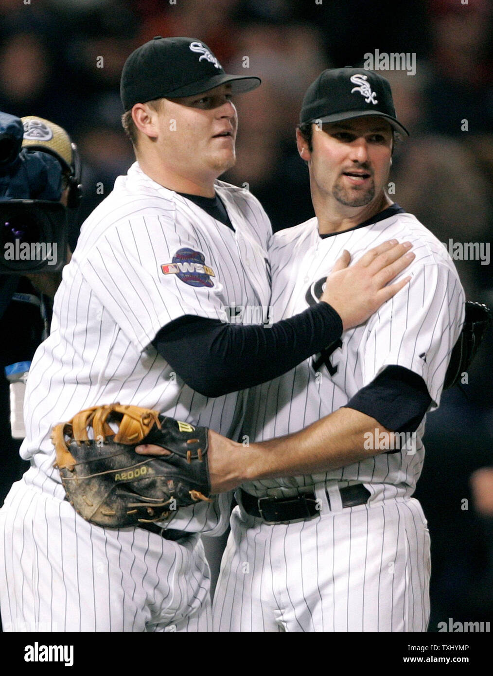 Chicago White Sox closer Bobby Jenks reacts after getting the final out  against the Houston Astros in the ninth inning in game 4 of the World  Series, October 26, 2005 in Houston