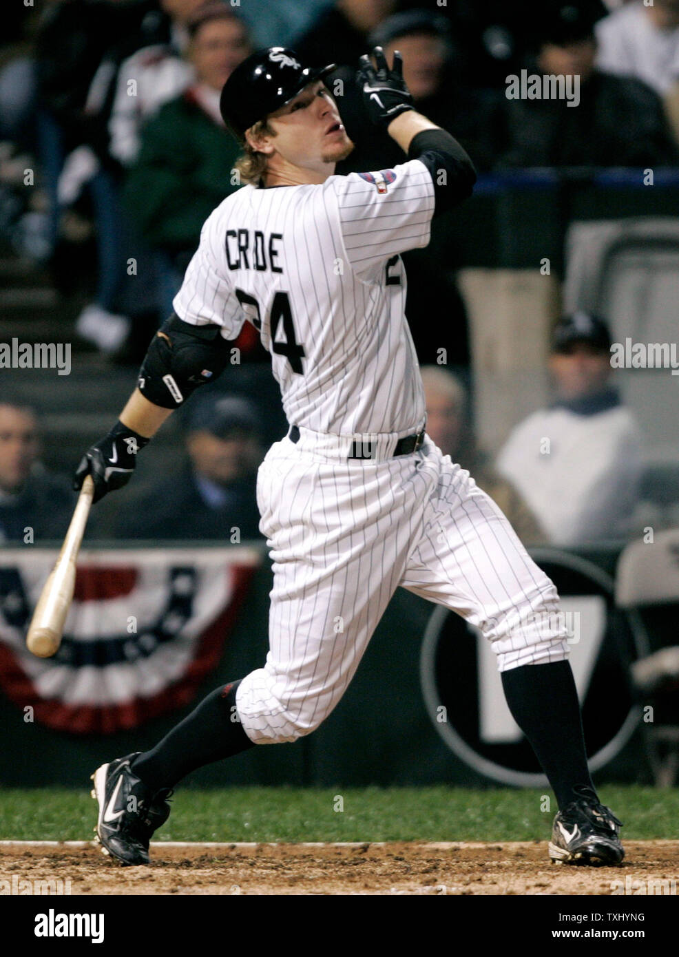 Chicago White Sox third baseman Joe Crede (24) yells as he watches a long  drive curve foul during game 2 of the World Series at U. S. Cellular Field,  October 23, 2005