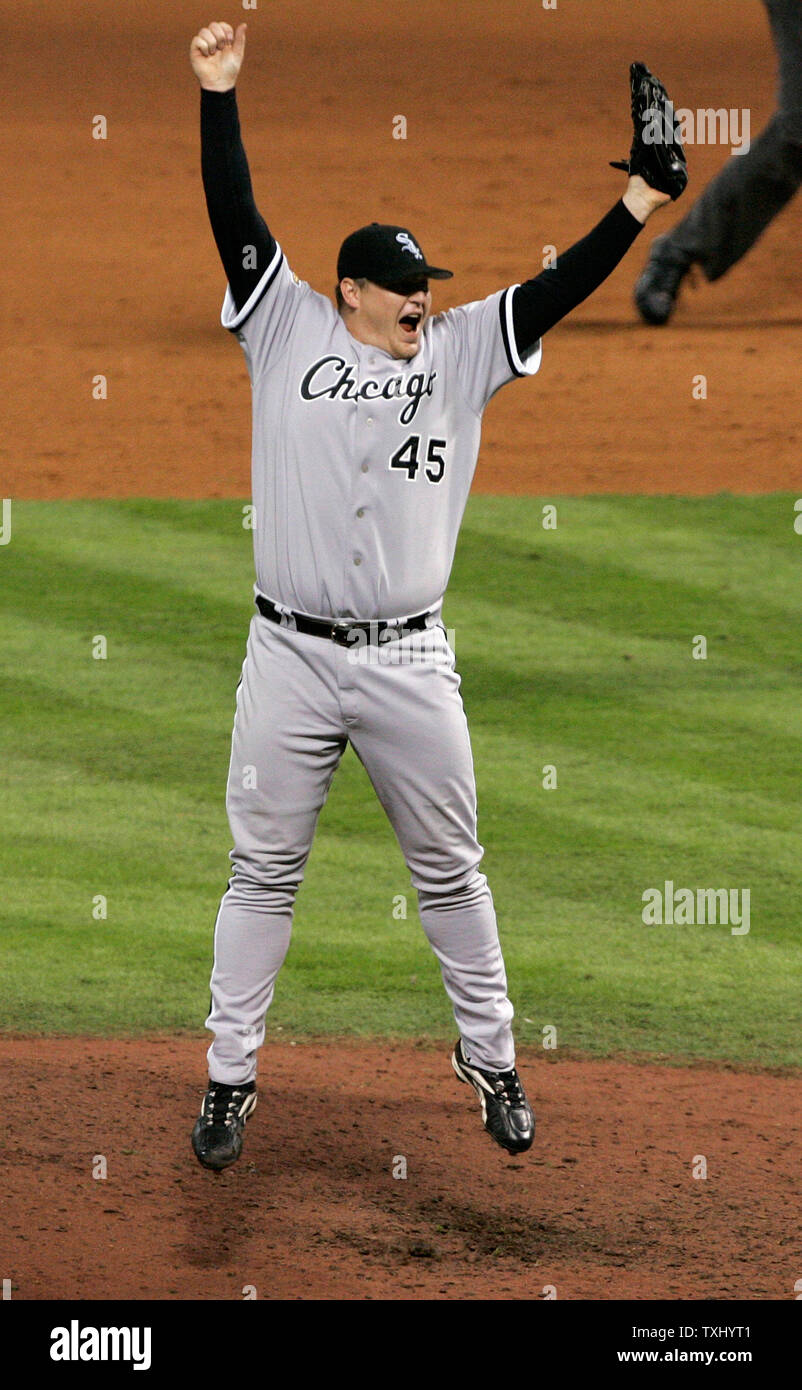 Chicago White Sox closer Bobby Jenks reacts after getting the