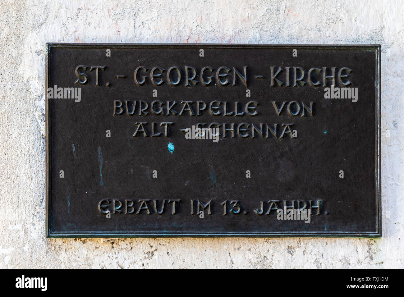 Entrance Sign of the Church, Sankt Georgen Kirche in Schnena. Scena, South Tyrol, Italy. Europe. Stock Photo