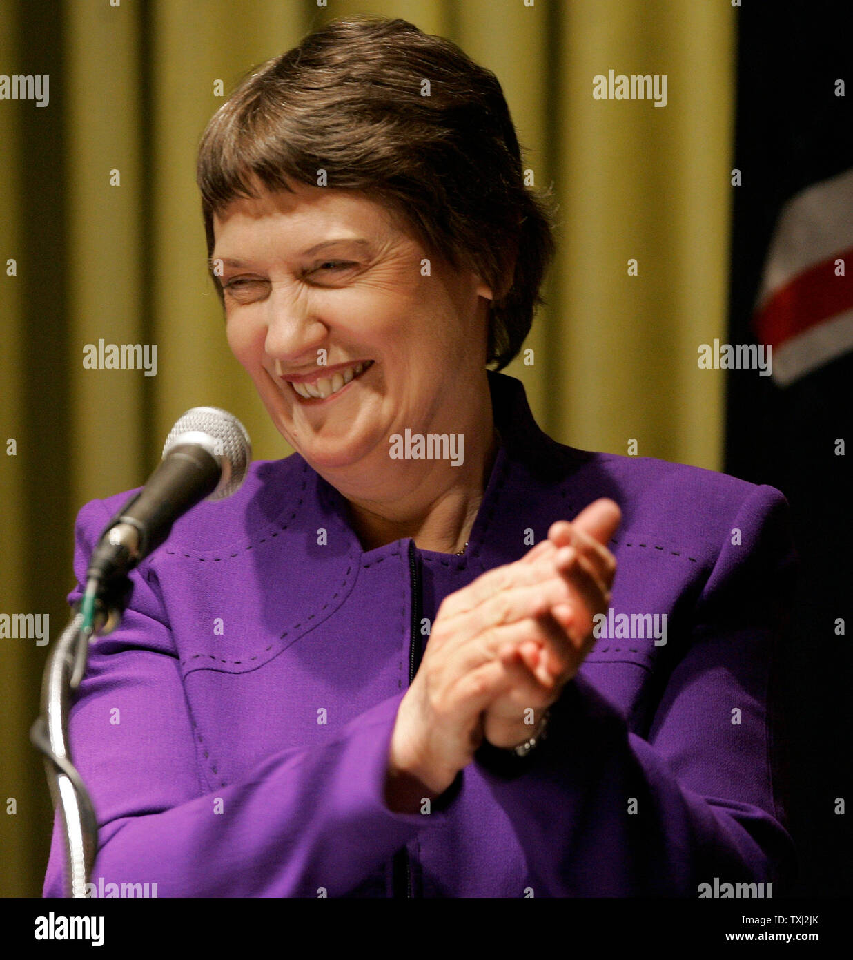 Helen Clark, prime minister of New Zealand, delivers an address to the Chicago Council on Global Affairs on March 22, 2007 in Chicago. Clark discussed trade and the challenge of globalization in her address. (UPI Photo/Brian Kersey) Stock Photo