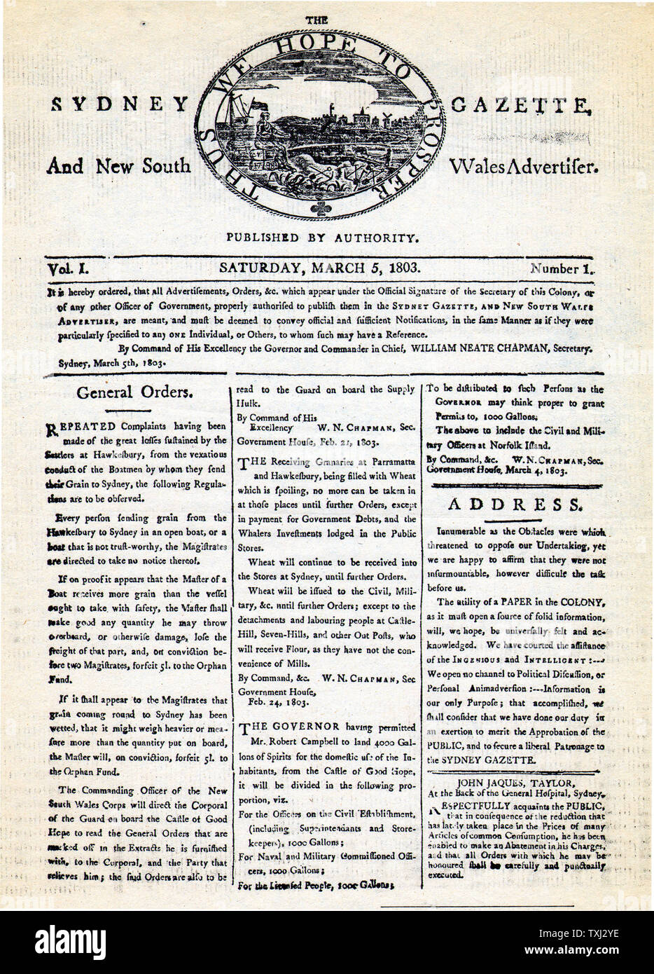 Sydney Gazette 5th March 1803 front page No. 1 edition Stock Photo