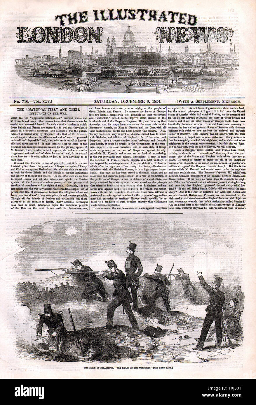 1854 Illlustrated London News front page reporting the Siege of Sebastapol during the Crimean War Stock Photo