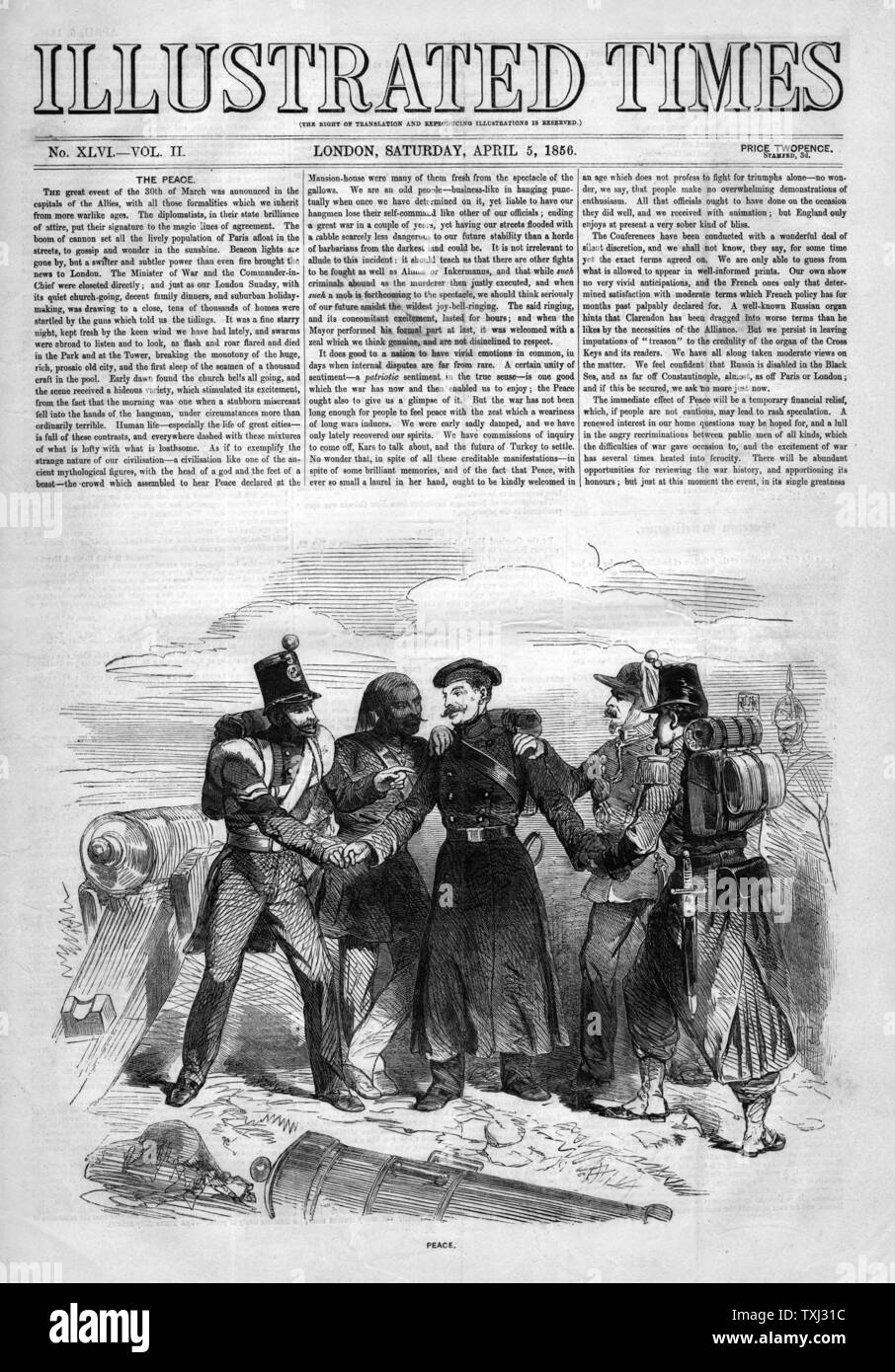 1856 Illustrated Times front page reporting the end of the Crimean War Stock Photo